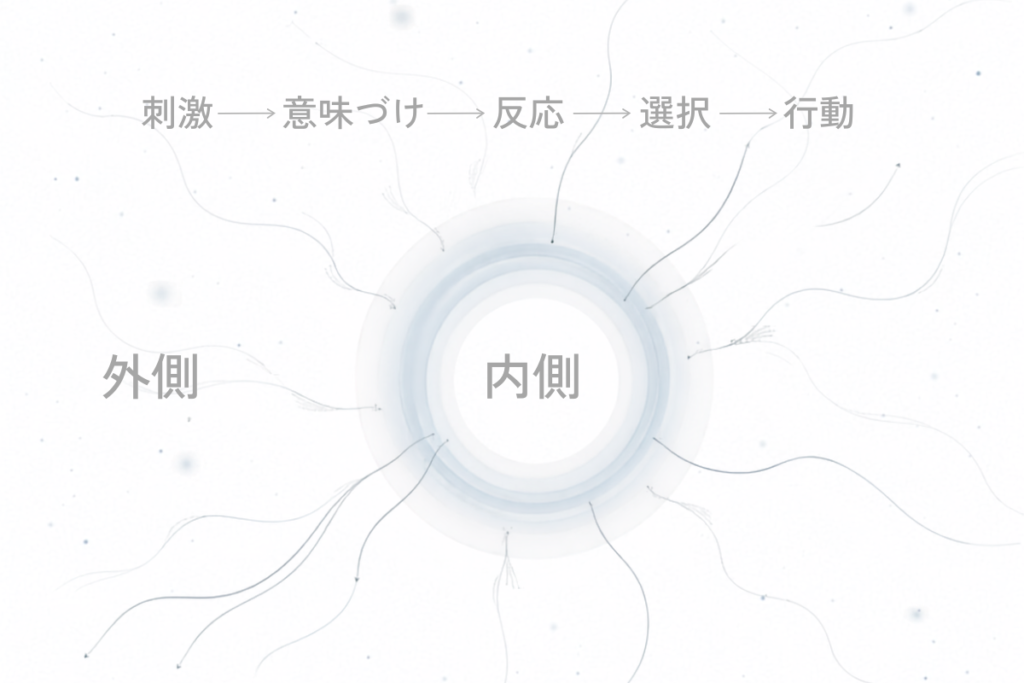 外側から内側へ刺激が届き、内側で意味づけが起き、反応や選択として再び外側へ戻っていく循環の流れを示した図。外側と内側が往復しながらつながっている構造を表している。