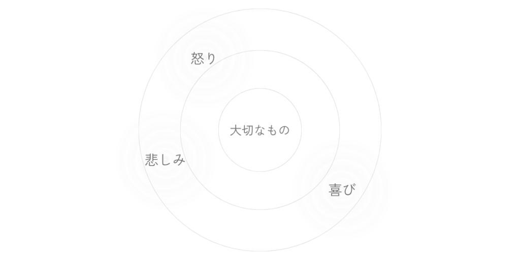 中央に大切なものが置かれ、その周囲で怒り、悲しみ、喜びが淡く揺れていることを示した図。